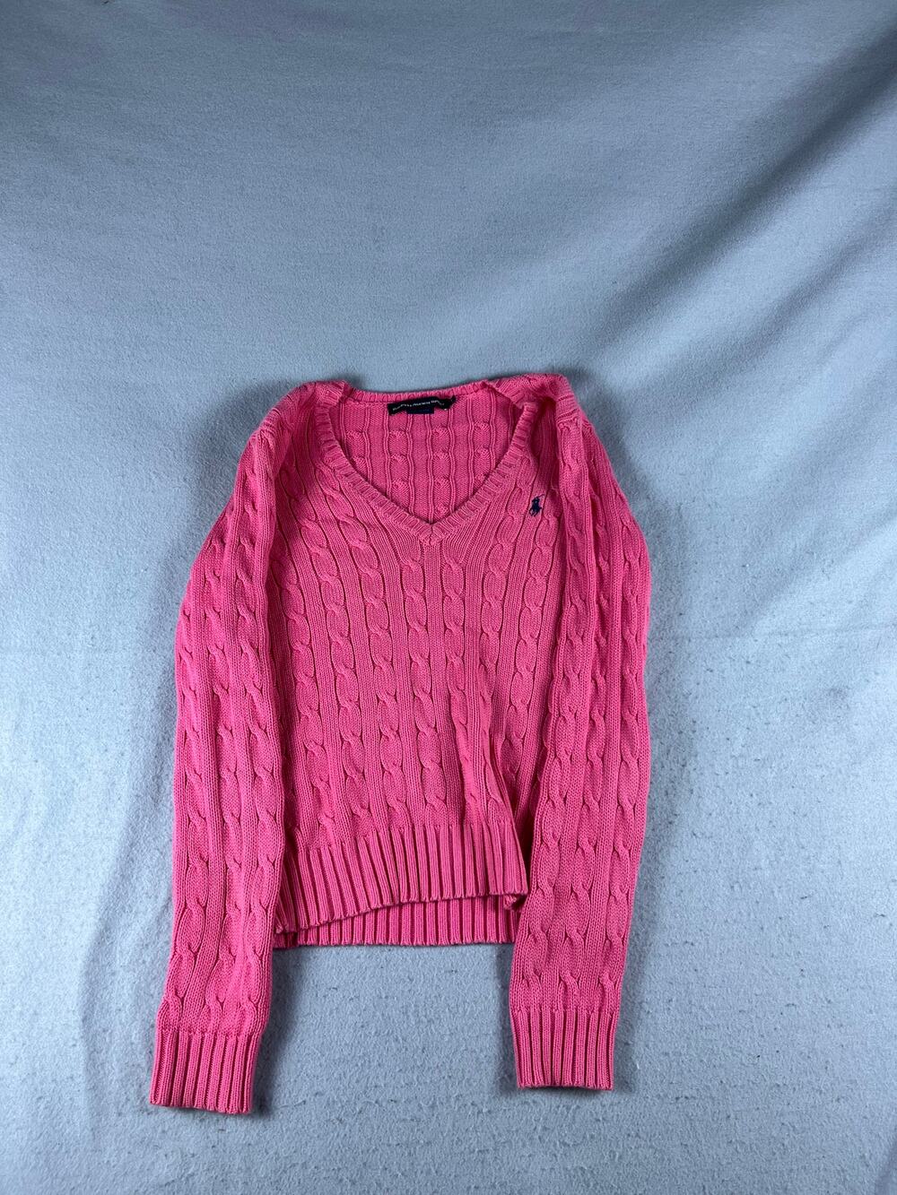 Ralph Lauren Sport Sweater Women M Pink V-Neck Cable Knit Ribbed Preppy Layering